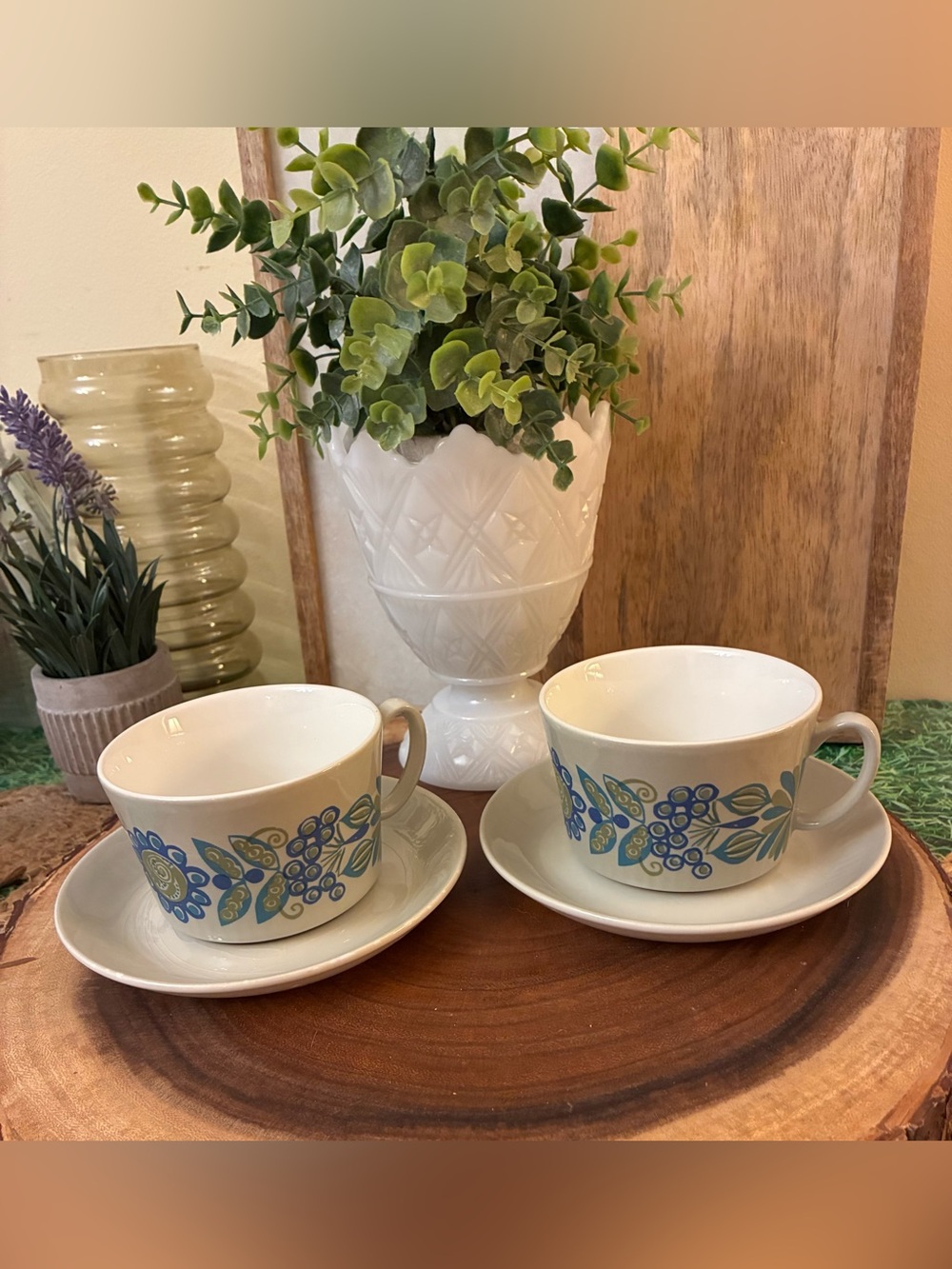 Tor Viking Pattern Ceramic Mugs and Saucers - Set of 4